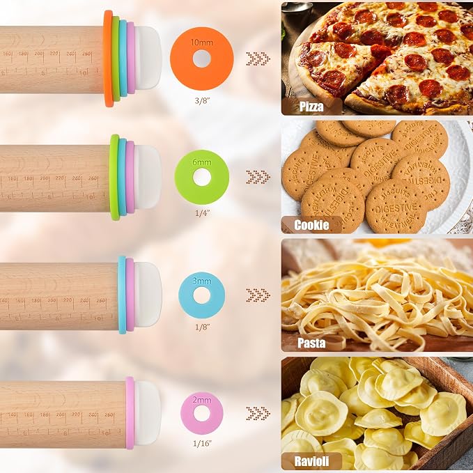 Adjustable Rolling Pin with Thickness Rings, Wood Dough Roller | natural beech wood, 8 plastic thickness rings, double-sided wooden stand, 17/14 inch, for pizza pasta cookies fondant clay