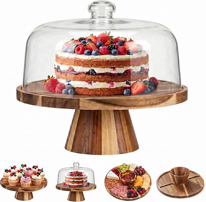 Acacia Wood Cake Stand with Lid 11.4" Charcuterie Board With Lid Multiuse Wooden Cake Stand with Dome Acrylic 6 in 1 Wood Cake Stand With Lid