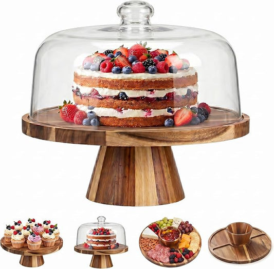 Acacia Wood Cake Stand with Lid 11.4" Charcuterie Board With Lid Multiuse Wooden Cake Stand with Dome Acrylic 6 in 1 Wood Cake Stand With Lid