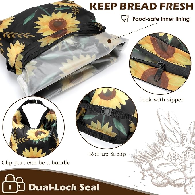 2 Pack Reusable Bread Bags for Homemade Bread, 17"×13" Sourdough Bread Storage Bags with Bowl Cover - Keep Loaf Fresh and Easy to Wash(Sunflowers)