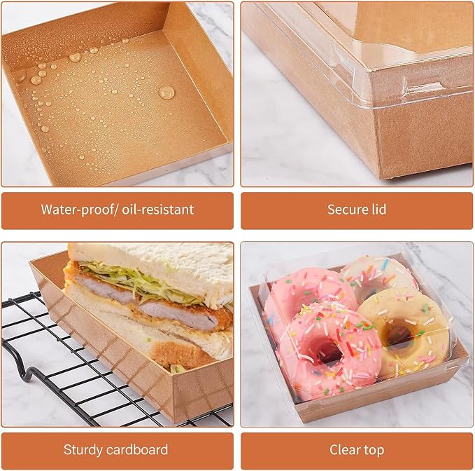 Ocmoiy Small Charcuterie Boxes with Clear Lids, To Go Paper Disposable Food Containers, 5 Inches Bakery Dessert Boxes for Sandwich, Cookie, Pastry, Cake Slice (Brown, 50ct)