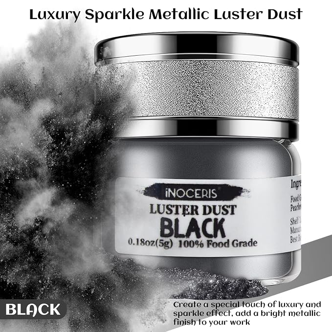 INOCERIS Black Metallic Luster Dust Edible, 5 Grams Food Grade Vegan Shimmer Dust Food Coloring Powder for Cake Decorating, Fondant, Chocolate, Candy, Drinks, Painting & More
