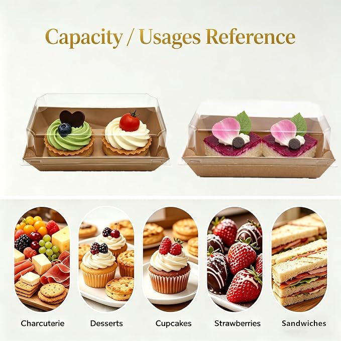 100 Pack Charcuterie Boxes with Clear Lids, Small To Go Food Containers, Disposable Kraft Bakery Treat Boxes for 2 Cupcakes, Cake Slice Sushi Strawberry with Stickers