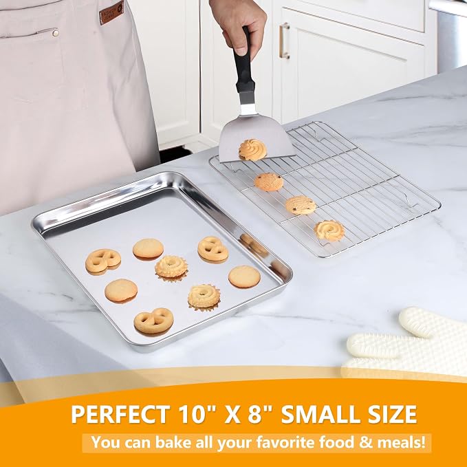 Homikit Baking Sheet with Wire Rack (1 Pan + 1 Rack), 10.4 x 8 Inches Stainless Steel Small Baking Pan with Cooling Rack, Metal Cookie Sheets Bacon Tray for Toaster Oven, Rust Free & Dishwasher Safe