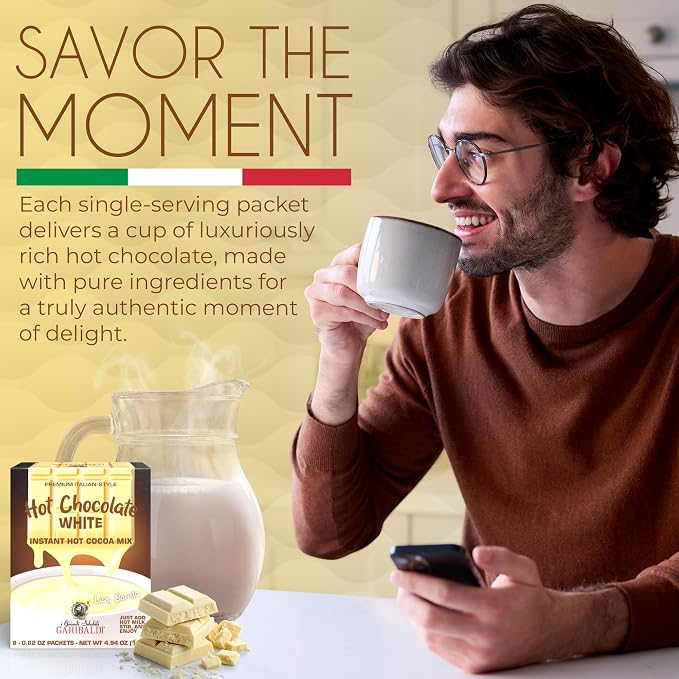 Cafe Garibaldi Premium White Hot Chocolate - Instant Cocoa Mix with Cocoa Powder, Gluten-Free & GMO-Free, 8 Servings x 0.62oz Packets, Ideal Italian Hot Chocolate Gift