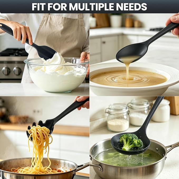 Silicone Kitchen Utensils Set, 8 PCS Heat Resistant Non Stick Cooking Tools, Silicone Spatula/Turner/Serving Spoon/Soup Ladle/Slotted Spoon/Pasta Server/Skimmer/Fish Spatula (Black)