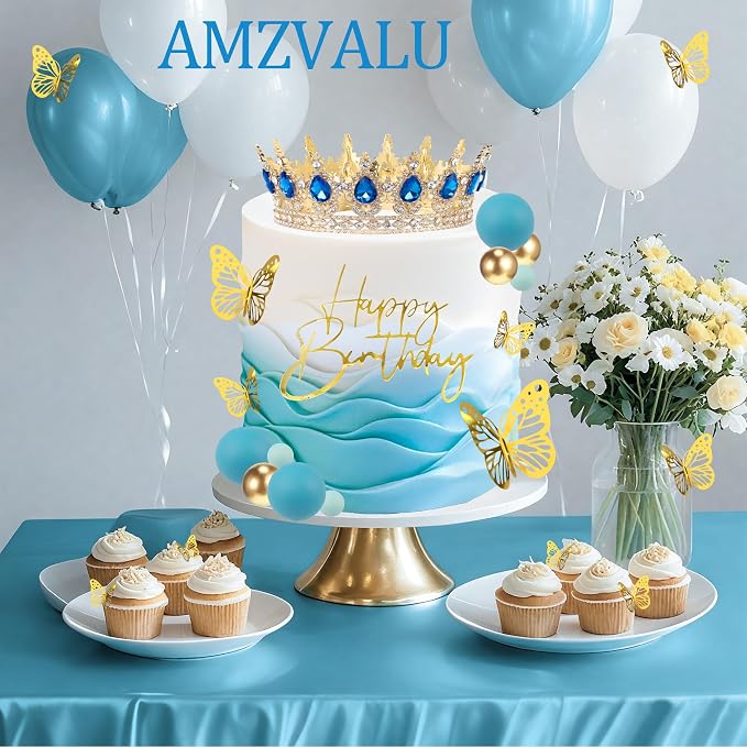 Crown Cake Topper, Blue & Gold Crown Balls Happy Birthday Cake Toppers Candles Butterfly, Corona Para Pastel, Crown Cake Decorations for Women Queen Princess Party (Gold, Sky Blue)