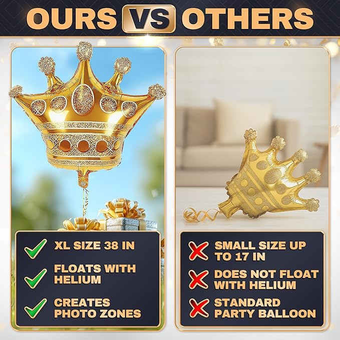 3 Pcs Gold Crown Balloons - Foil Princess Balloons Set, Large 38.2" X 35.4" Gold Crown Balloon - Reusable Design for Photo Zones, Birthday Parties, Weddings, Graduations & Princess Party Decorations