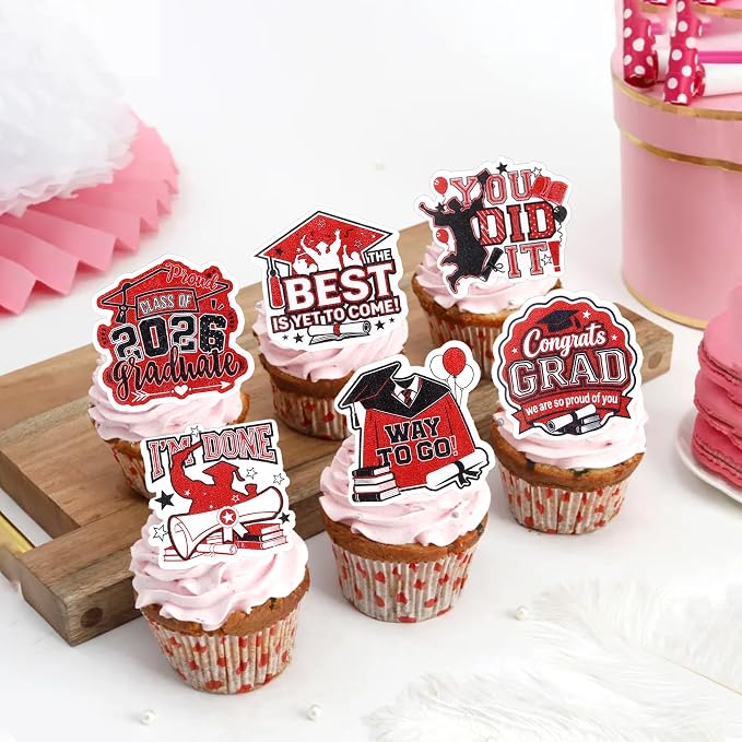 63 PCS Edible 2026 Graduation Cupcake Toppers Congrats Grad Cap Cupcake Picks Edible Diploma Done You Did it Cake Decorations for Class of 2026 Graduation Theme Party Decorations Supplies Black Red