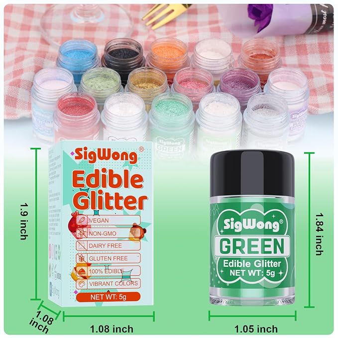 Green Edible Glitter - 5g Food Grade Cake Decorating Shimmering Glitter, Edible Sprinkle Luster Dust for Drinks, Chocolates, Fondant, Strawberries, Cupcakes, Candy, Easter Cookie - Vegan