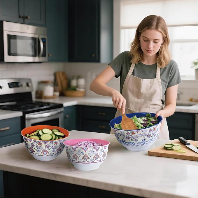 TP Mixing Bowl Set with Lids, 6-Piece Melamine Nesting Bowls Set for Pasta Baking Salad Mixing, Set of 3, Ottoman Floral