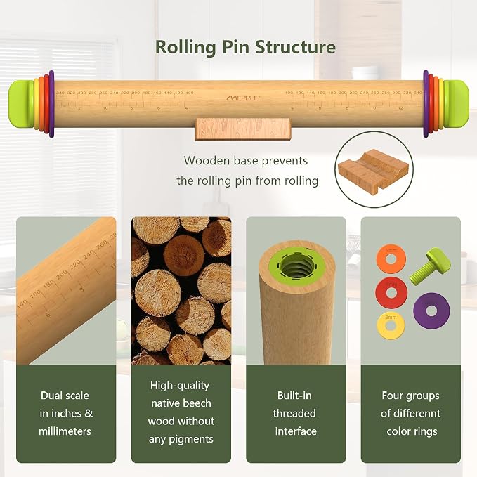 Rolling Pin with Thickness Rings and Pastry Baking Mat, 13.6" Adjustable Wooden Rolling Pin Dough Roller for Baking Cookie Pizza, Comes with Large Silicone Pastry Mat and Wooden Stand