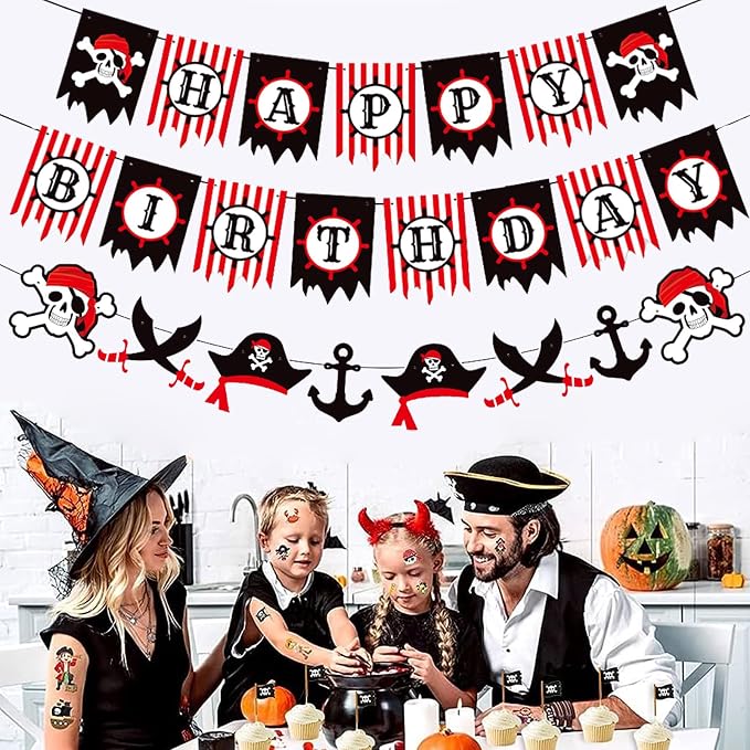 Zwiebeco Red Black White Pirate Happy Birthday Banner Bunting Garland Sign for Boys Girls Kids Teenagers Mens Womens Adults Sea Rover Themed Party Decorations Supplies