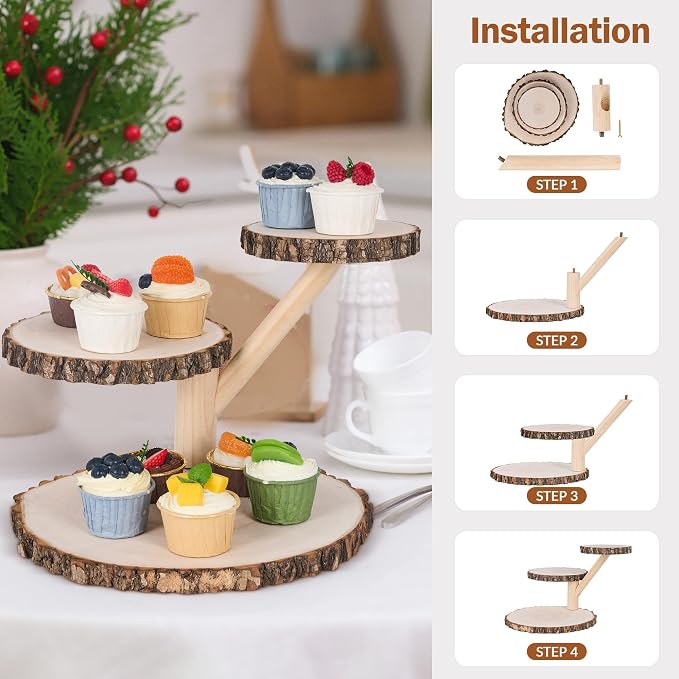 GENMOUS Wooden Farmhouse Style Cake Stand - Multifunctional 3-Tired Wedding Cake Stand Wood & Display Serving Tray Platter, for Appetizers Desserts Charcuterie Board