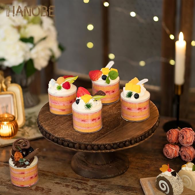 Hanobe Round Wood Cake Stand: Cupcake Pedestal Stand 12 inch Dessert Display Riser Distressed Rustic Cakes Holder Tray Vintage Beads Wooden Plate for Christmas Wedding Birthday Decor