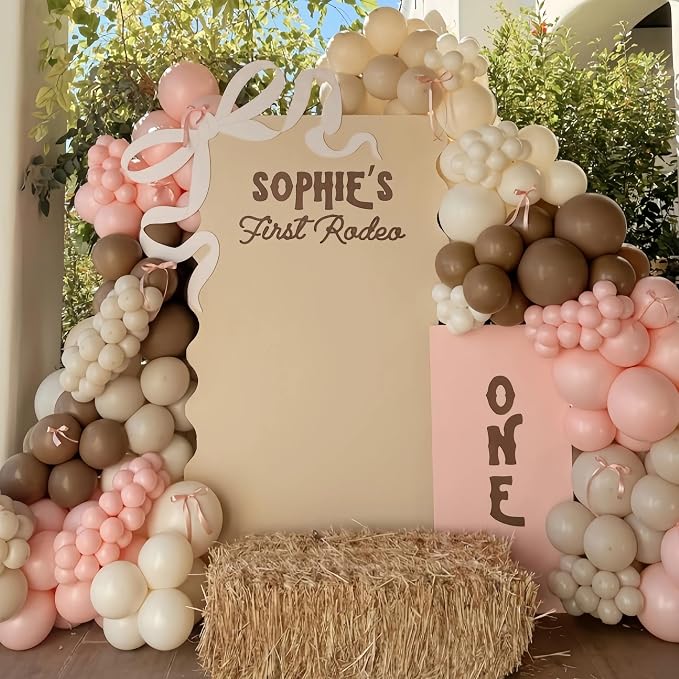 Pink Brown Balloon Arch Garland Kit, Cowgirl Rodeo Balloons Dusty Blush Light Pink Brown Nude Sand White Balloons with Ribbon Bow for Boho Baby Shower Western First Rodeo Birthday Party Decorations