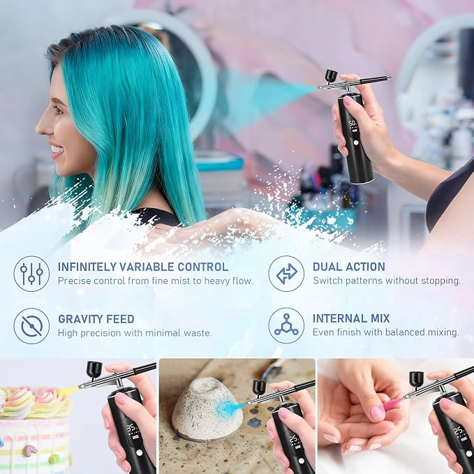 Airbrush Kit with Compressor, 2 Airbrushes, 6400mAh 50PSI High Pressure Airbrush for Nails with 0.2/0.3/0.5mm Nozzle Sets, Airbrush for Nails, Modeling, Cake Decorating, Pastry (Black)