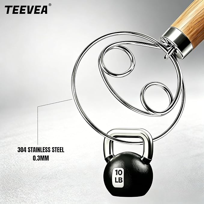 TEEVEA Danish Dough Whisk Stainless Steel Wooden Handle for Sourdough Bread | 4-Loop Anti-Clog Head Stops Lumps, Non-slip Grip Cuts Stirring Fatigue, Compact Build for Storage & Hand Wash Only