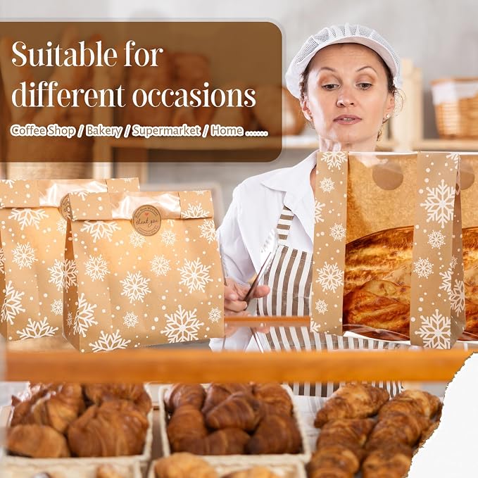 Feifeiya 100 Pack Kraft Paper Bread Bags for Homemade Sourdough Bread with Window & Stickers, 13.7x8.3 Large Bakery Bags for Loaves Greaseproof Food Packaging for Baking Gifts, Brown(Snowflake)
