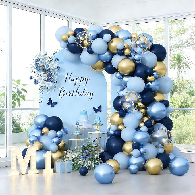 Blue Gold Balloons Garland Arch Kit, Navy Blue Light Blue Metallic Gold Blue Balloon Arch Kit, Macaron Blue Gold Confetti Balloon for Birthday Baby Shower Wedding Graduation Father’s Party Decorations
