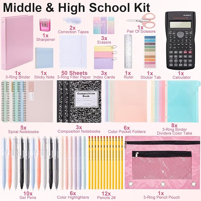 Eersida 117 Pcs Middle High School College Bundle Supplies Kit, Back to School Essentials, Includes Folders, Notebooks, Tab Dividers, Pencils, Highlighters, Calculator & More (Macarons)