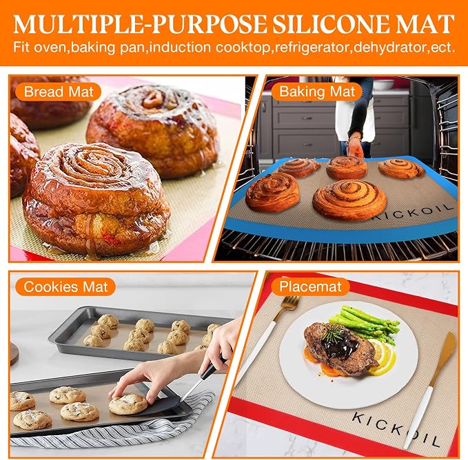 Silicone Baking Mat Large Baking Mat Set of 3, 2 Half Sheets 16.5" x 11.6" +1 Quarter Sheet,Reusable Non-Stick Food Safe Bakeware Liners for Cookies, Macarons, Bread Pastry Keep Oven Pans Clean