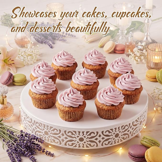 Wenqik 14 Inch Cake Stand, Metal Round Cake Stands Set with Modern Design White Dessert Display Cupcake Stands Plates Fruit Serving Tray for Wedding Birthday Baby Shower Party (White)