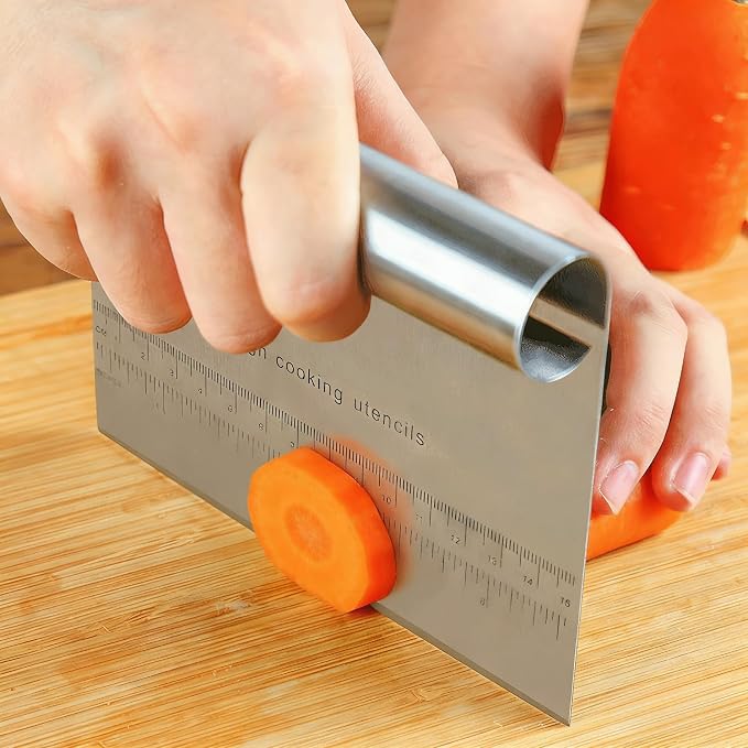 RUPOHIU Dough Scraper for Baking, Stainless Steel Bench Scraper with Measuring Scale - Pizza Cutter, Pastry Chopper for Bread, Cake and Dough, Food Scraper Tool