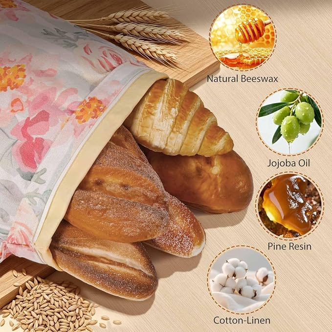Beeswax Bread Bag, Sourdough Bread Bags for Homemade Bread, 17 * 13in Bees wax Wraps Reusable With Freshness Lock Zipper, Keep Bread Fresh for Longer (Vernal Bloom-1 Pack)