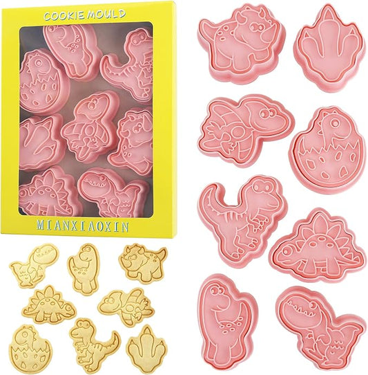 Mini Dino Cookie Cutters with Cookie Stamps 8 Pcs Small Baking Supplies for Kids Dinosaur Theme Birthday Party (Dinosaur C)