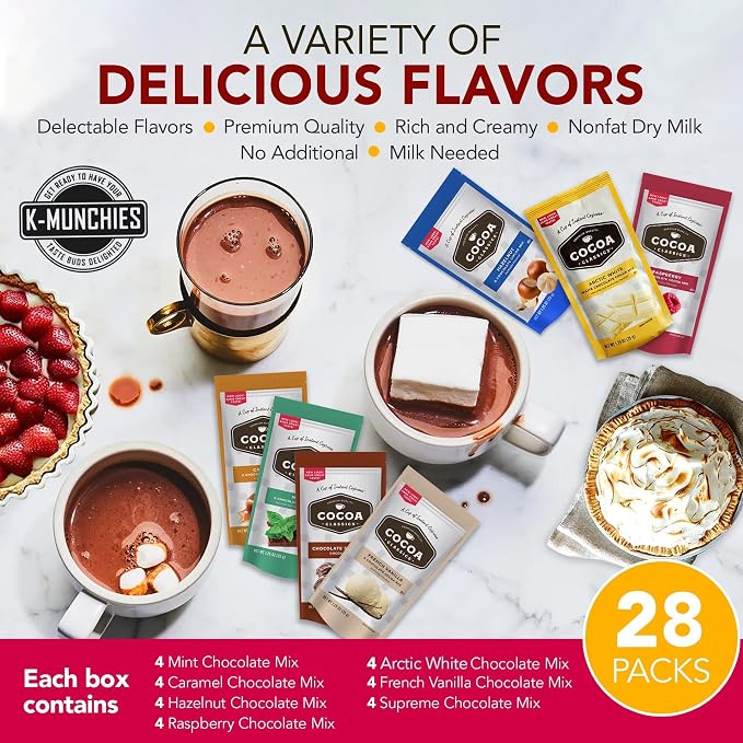 Cocoa Classics Hot Chocolate Mix - 28 (1.25 oz) Assorted Hot Cocoa Packets - 7 Classic Flavors - Rich Creamy Flavors - Gift Sets by K-Munchies