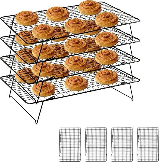 Cooling Rack, 4 Tier Stackable Cooling Racks for Cooking Baking Roasting, Multi-Level Collapsible Cookie Rack for Cakes, Oven Safe & Easy Clean (Black, 4-Tier)