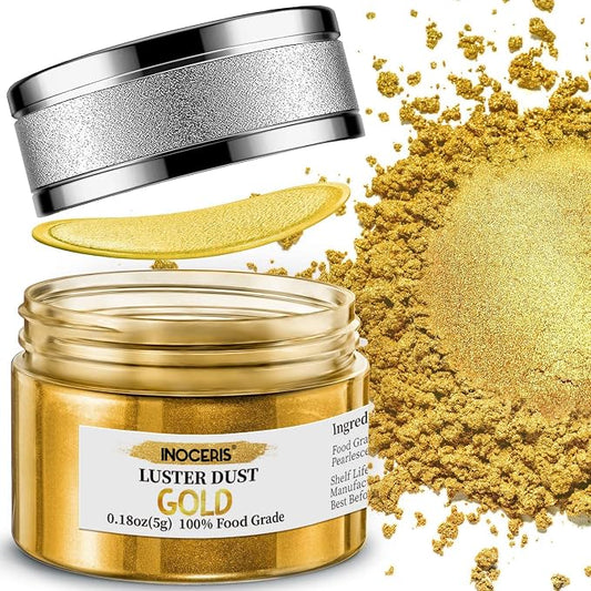 INOCERIS Edible Luster Dust, 5 Grams Food Grade Gold Cake Dust Shimmer Metallic Gold Food Coloring Powder for Cake Decorating, Baking, Fondant, Chocolate, Candy, Drinks, Cookies