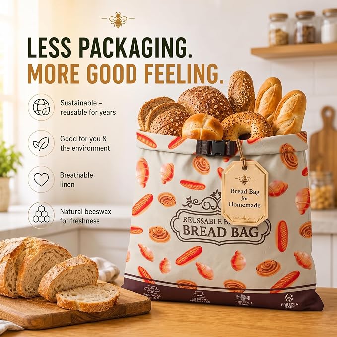 Beeswax Bread Bag 1 Pack, Reusable Linen Bread Bags for Homemade Bread, Extra Large Sourdough Bread Storage Bag, Natural Beeswax Lining Keeps Loaves Fresh Longer, Eco Friendly