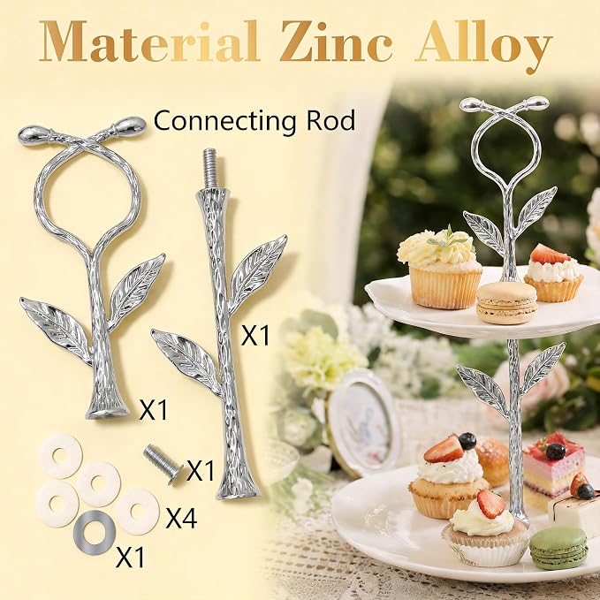 2 Tier Silver Cake Stand Tiered Tray Hardware Kit,Dessert Plate Hardware | Metal Heavy Duty Dessert Fruit Plate Holder Parts with Vine pattern Decor for Wedding Party