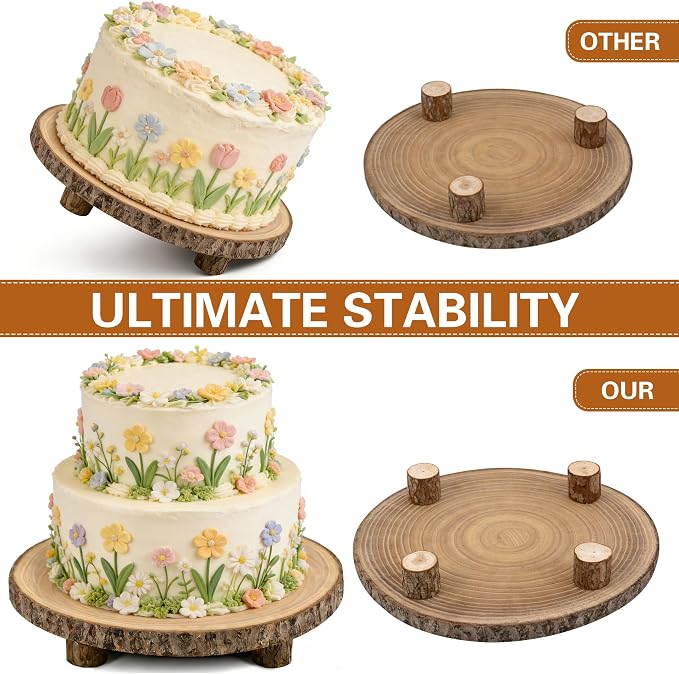 Wood Cake Stand with 4 Legs, 10-11 Inch Natural Rustic Wooden Slice Cupcake Stand for Wedding, Birthday & Baby Shower, Farmhouse Dessert Display, Woodland-Themed Party Decor