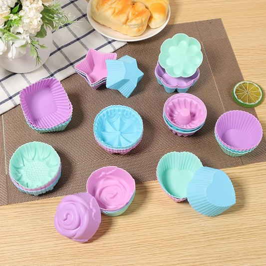 36Pcs Silicone Donut Mold, Non-Stick Muffin Liners, Reusable Bagel Baking Cups, 9 Types Stackable Donut Trays, Heat Resistant Bakeware for Bagel Muffin Jelly