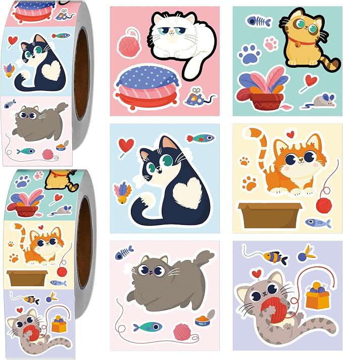 Cute Cat Stickers Roll - 300 Pcs Cartoon Cat Stickers, Fun Animals Sticker for Scrapbook Journal Water Bottle Laptop, Waterproof Decals for Women