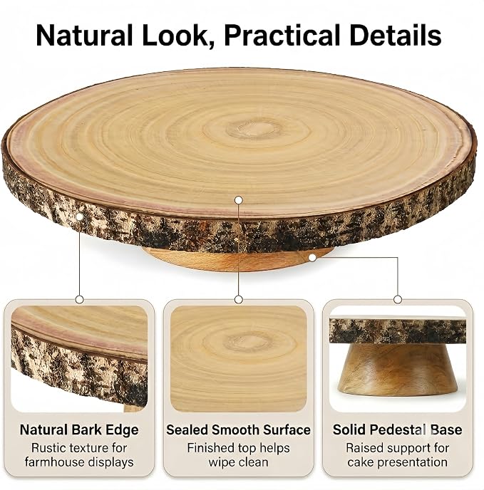 Relaxing Garden 12 Inch Bark Edge Wood Cake Stand Set with Toppers | Sealed 12 in bark-edge wood stand with knife, server and 3 write-on toppers for wedding, birthday and shower cakes