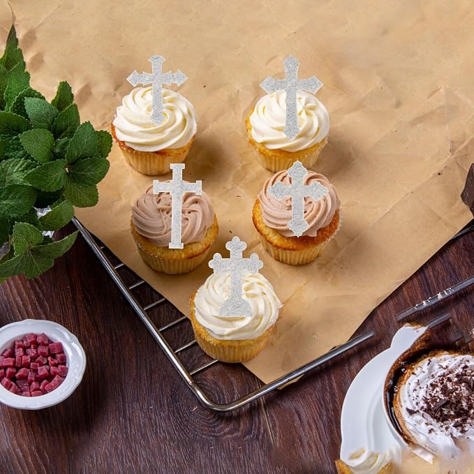 60 PCS Edible Cross Cupcake Toppers God Bless and Baptism Cupcake Toppers Edible Cross Cupcake Pick First Communion Cake Decorations for Religious Theme Baby Shower Birthday Party Supplies Silver
