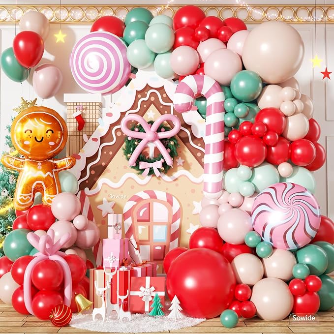 Christmas Balloon Arch Kit, Red Green Macaron Orange Pink Balloons with Lollipop Candy Cane Gingerbread Man Foil Balloons for Xmas Holiday Winter Birthday New Year Party Decorations
