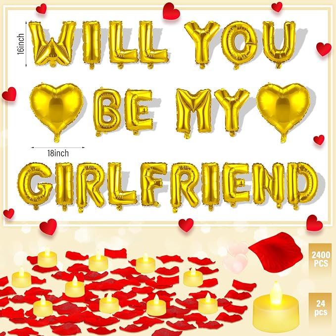 HyDren 18" Will You Be My Girlfriend Balloons Letters Kit Include Heart Shaped Balloons and LED Tealight Candles with Rose Petals Romantic Girlfriend Proposal Kit Valentines Day Decorations(Gold)