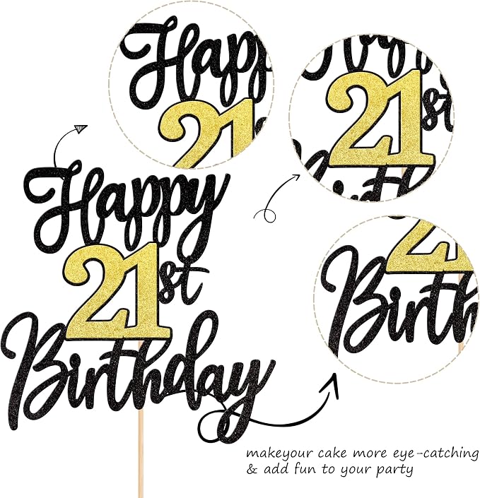 1 PCS Happy 21st Birthday Cake Topper - Black Gold Glitter Cheers to 21 Years - Fabulous Cake Decoration for 21st Birthday Party