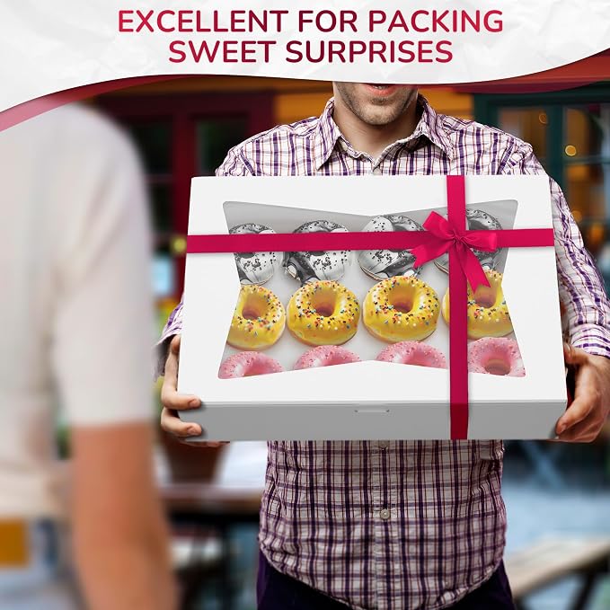 10 Pcs Cake Box with Window 19x14 – Rectangular Half Sheet Cake Box Glossy Finish – Bakery Boxes for Cakes, Cupcakes and Pastries – Cardboard Packaging for Transport, Storage and Dessert Presentation