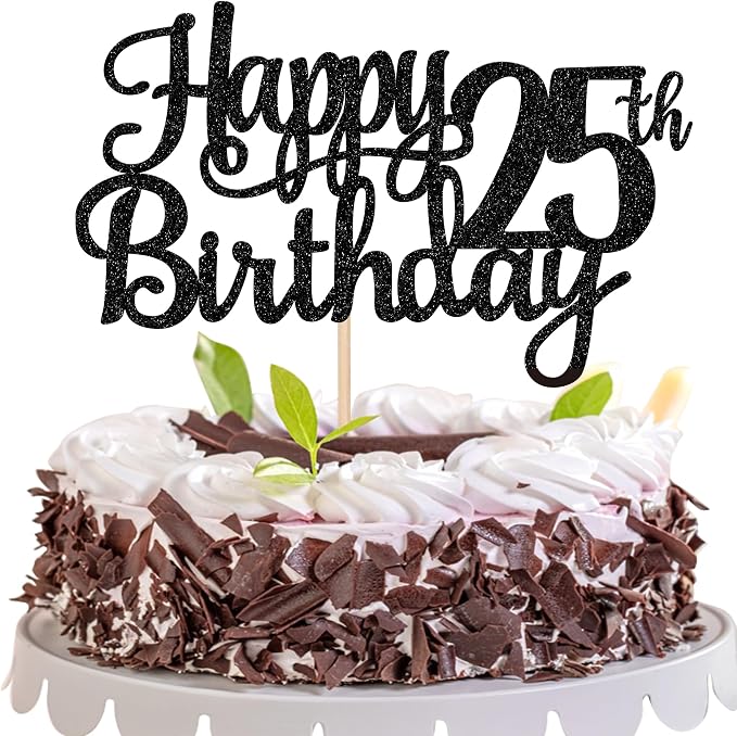 1 PCS Happy 25th Birthday Cake Topper Glitter Cheers to 25 Years Birthday Cake Pick 25 Fabulous Cake Decoration for Happy 25th Birthday Theme Party Decorations Supplies Black