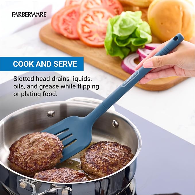 Farberware Pro Silicone Slotted Turner, Blue - Heat Resistant Spatula for Nonstick Cookware, 13 Inch Flipping Tool, Dishwasher Safe Kitchen Utensil