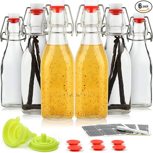 Vanilla Extract Bottles [8.5 oz, 6-Pack] – Flip Top Swing Top Glass Bottles for Homemade Extracts, Kombucha, Coquito, Juice – Airtight Leak-Proof Caps with Funnel, Extra Gaskets, Labels & Marker