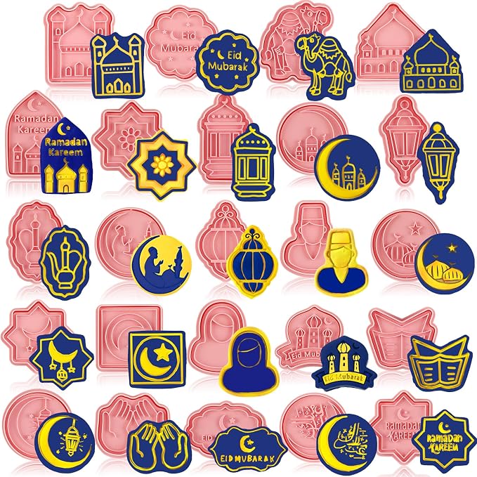 Roshtia 24 Pcs Eid Mubarak Cookie Cutter Ramadan Mubarak Plastic Cookie Stamps Eid Prayers Moon Mould Press Castle Cream Light Plastic Biscuit Cutters Embossing Mold for Baking Fondant Supplies