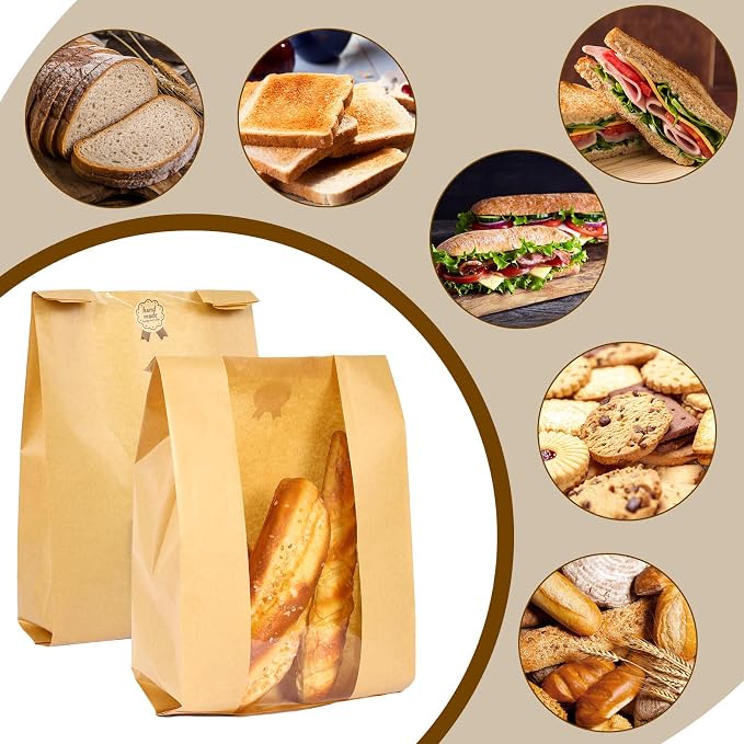 Moretoes Sourdough Paper Bread Bags, 25 Packs With Window for Homemade Baked Food Packaging Storage, Includes Label Seal Stickers (13.7x8.3x3.5 Inch)