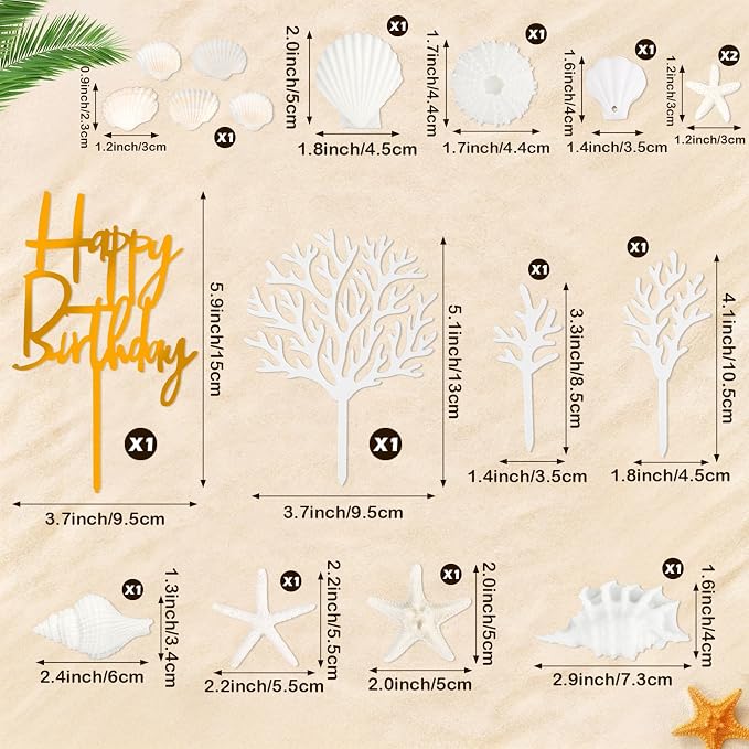 Hooqict 18Pcs Ocean Seashells Cake Decorations Set with Starfish Sea Shells Cake Toppers for Summer Happy Birthday Under the Sea Ocean Beach Birthday Party Decorations Supplies